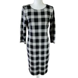 Talbots Size S Ponte Knit Shift Dress Black White Plaid Zippers 3/4 Sleeves
